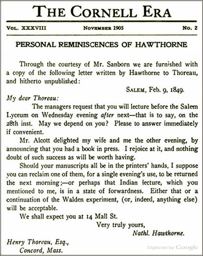 Hawthorne letter to Thoreau, 1849