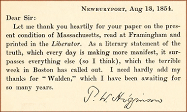 T.W. Higginson, letter to Thoreau re Slavery in Massachusetts and Walden